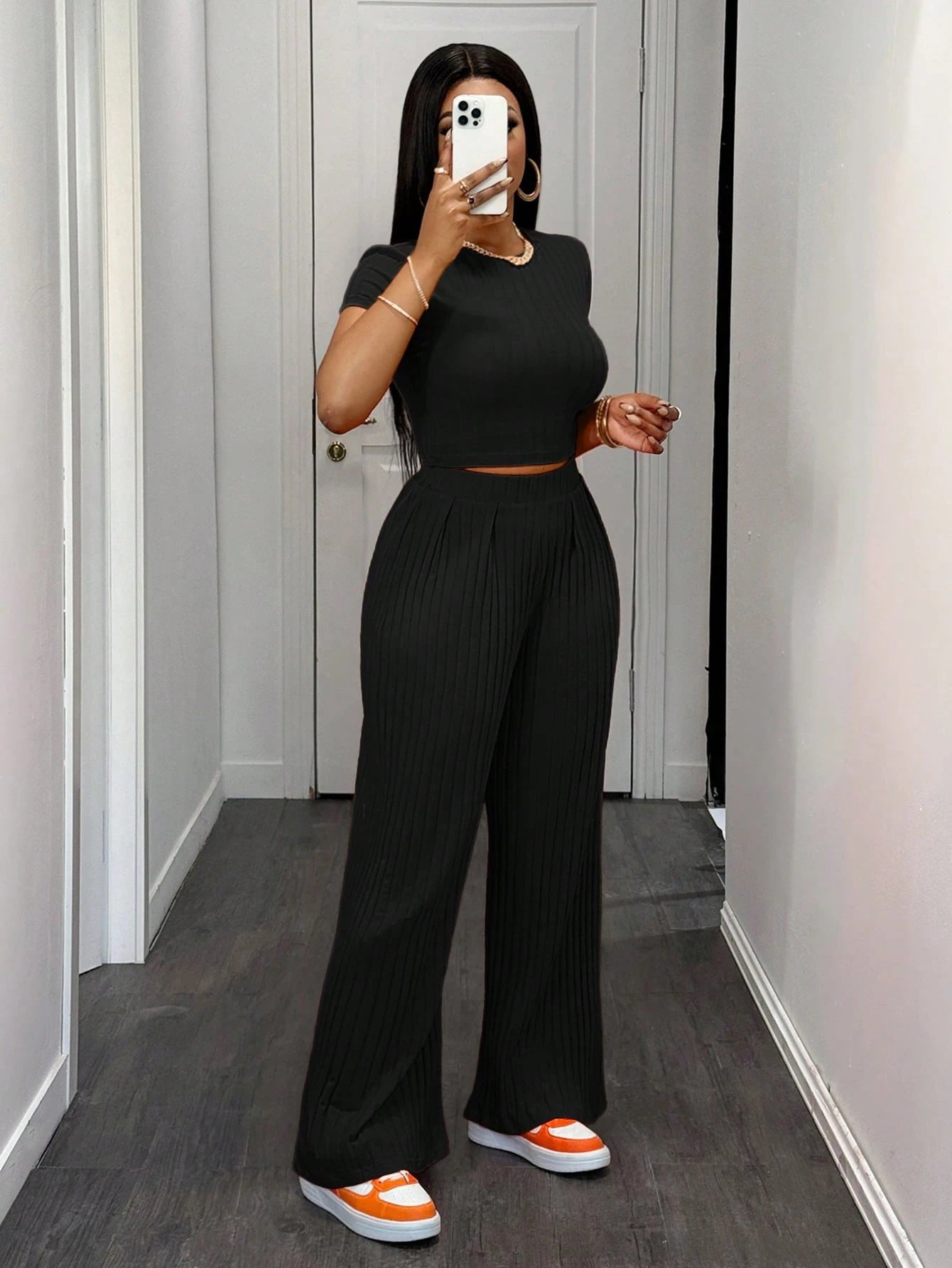 Slaydiva Casual Sports Sexy Fitted Orange Wide Leg Women Two-Piece Set