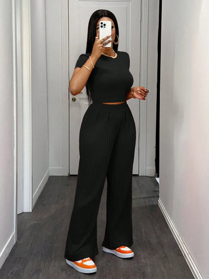 Slaydiva Casual Sports Sexy Fitted Orange Wide Leg Women Two-Piece Set