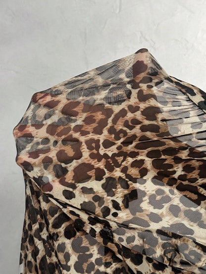 Slaydiva Sexy Casual Leopard Print Semi-Sheer Mesh Long Sleeve Bodysuit for Women
