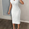 Slaydiva Summer Casual Elegant Simple Basic Model New Lapel V-Neck Short-Sleeved Slim Long Skirt White Wavy Knitted Fabric Women'S Dress,White Graduation Dress,Summer Dresses for Women
