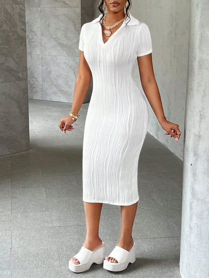 Slaydiva Summer Casual Elegant Simple Basic Model New Lapel V-Neck Short-Sleeved Slim Long Skirt White Wavy Knitted Fabric Women'S Dress,White Graduation Dress,Summer Dresses for Women