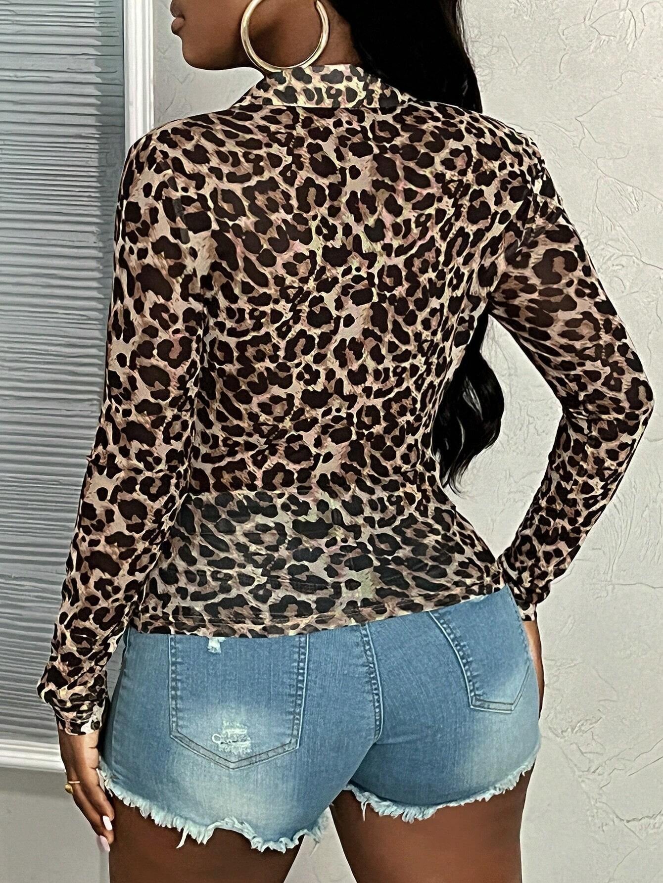 Slaydiva Sexy Casual Leopard Print Semi-Sheer Mesh Long Sleeve Bodysuit for Women