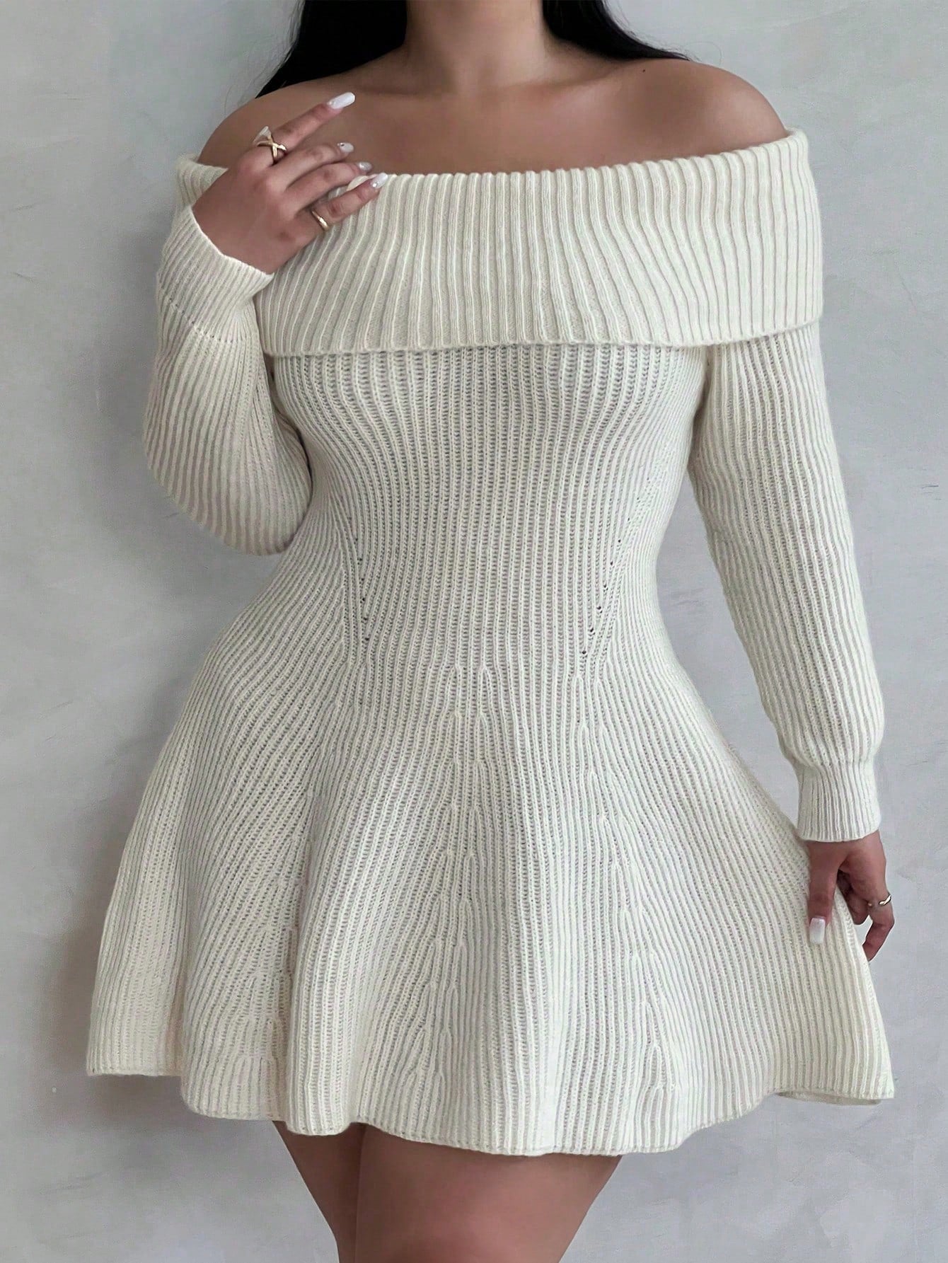 POPSWAY plus Fashionable Off-Shoulder Sweater with Ruffle Design