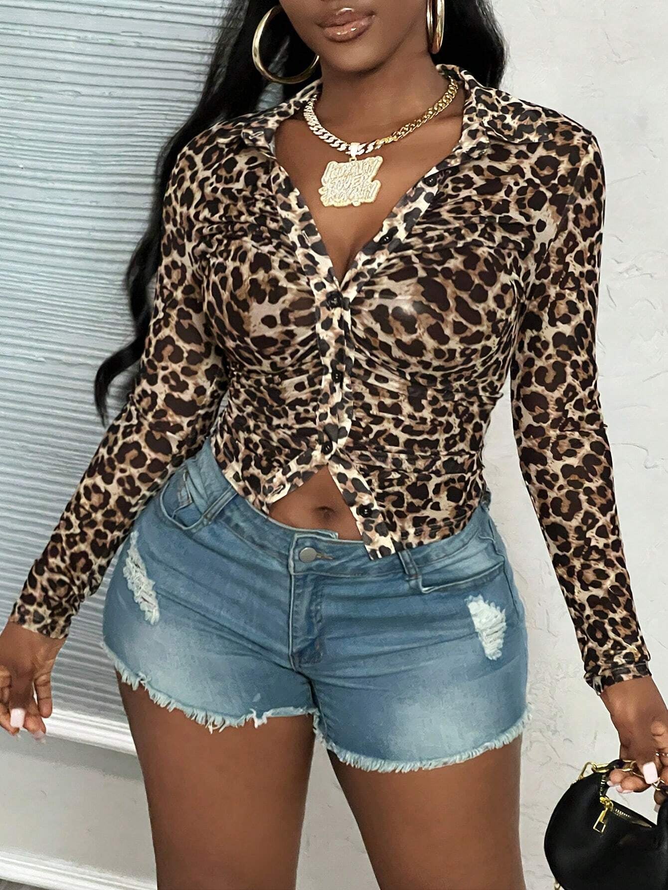 Slaydiva Sexy Casual Leopard Print Semi-Sheer Mesh Long Sleeve Bodysuit for Women
