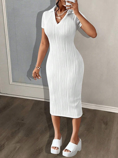 Slaydiva Summer Casual Elegant Simple Basic Model New Lapel V-Neck Short-Sleeved Slim Long Skirt White Wavy Knitted Fabric Women'S Dress,White Graduation Dress,Summer Dresses for Women