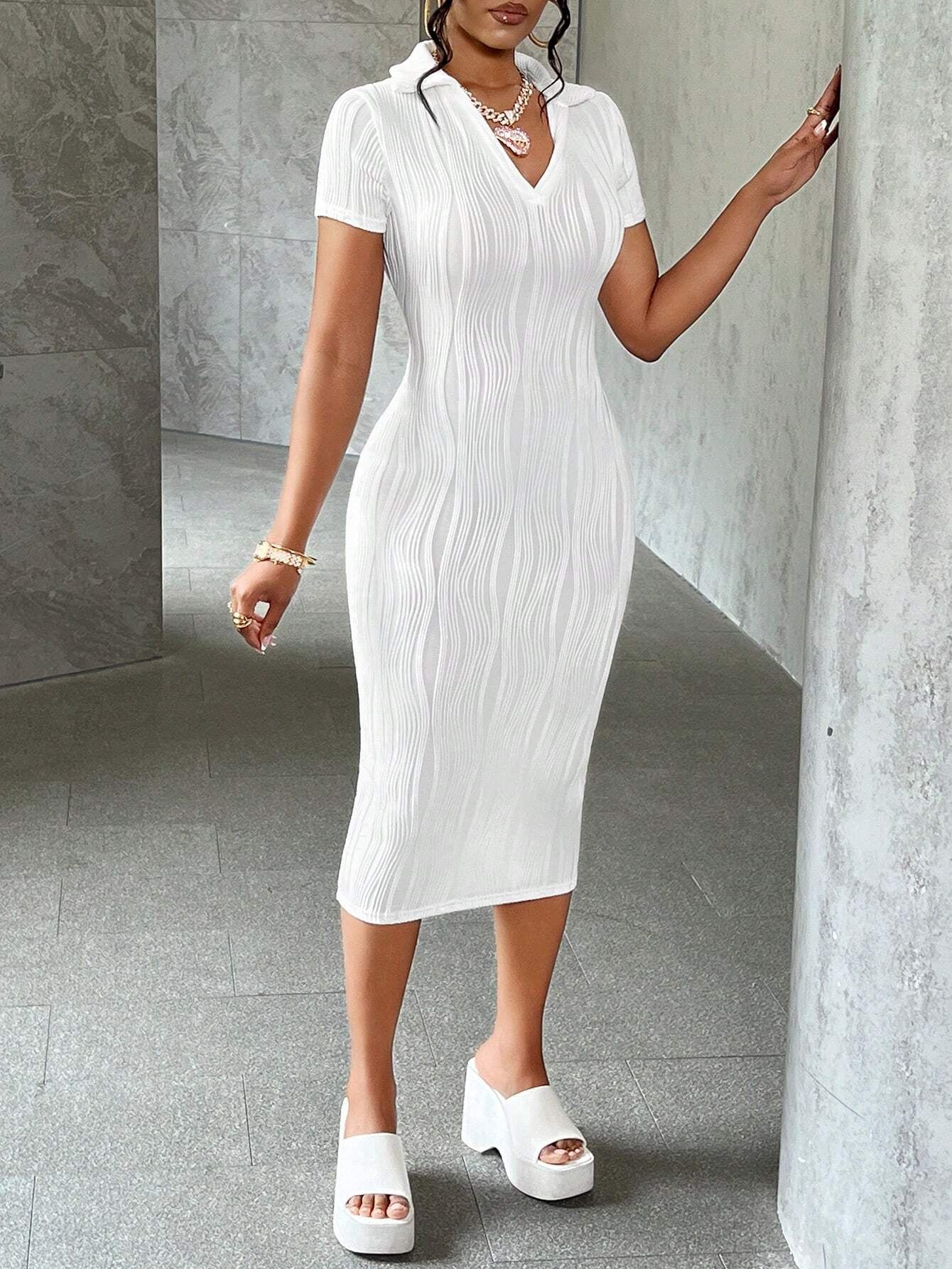 Slaydiva Summer Casual Elegant Simple Basic Model New Lapel V-Neck Short-Sleeved Slim Long Skirt White Wavy Knitted Fabric Women'S Dress,White Graduation Dress,Summer Dresses for Women