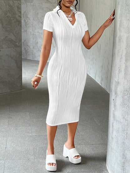 Slaydiva Summer Casual Elegant Simple Basic Model New Lapel V-Neck Short-Sleeved Slim Long Skirt White Wavy Knitted Fabric Women'S Dress,White Graduation Dress,Summer Dresses for Women