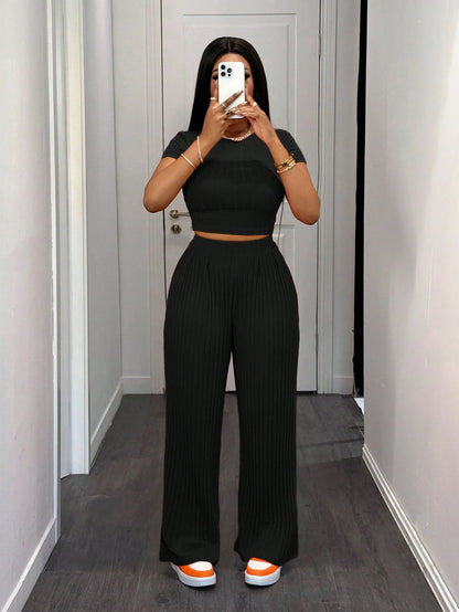 Slaydiva Casual Sports Sexy Fitted Orange Wide Leg Women Two-Piece Set