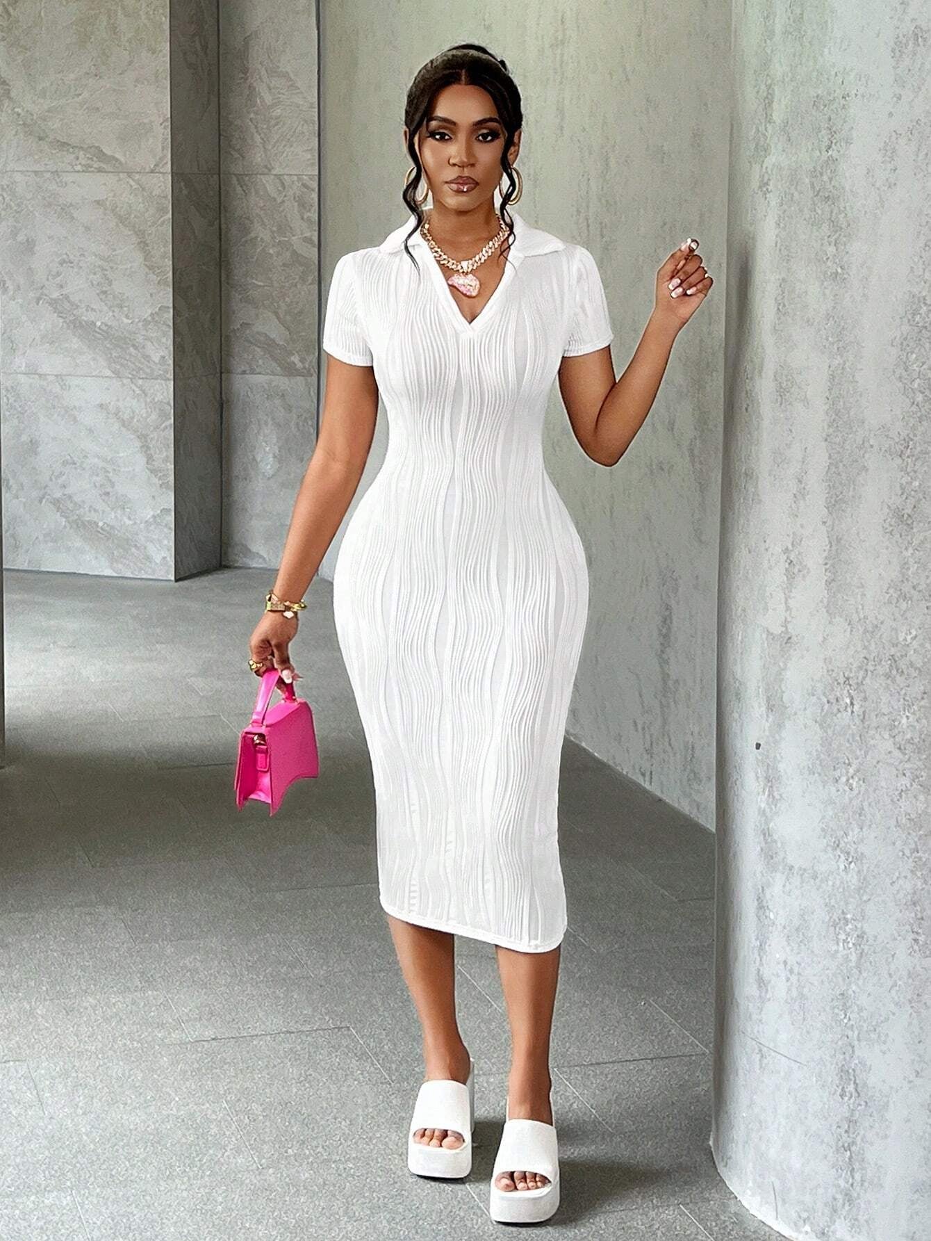 Slaydiva Summer Casual Elegant Simple Basic Model New Lapel V-Neck Short-Sleeved Slim Long Skirt White Wavy Knitted Fabric Women'S Dress,White Graduation Dress,Summer Dresses for Women