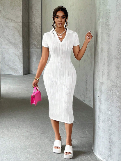 Slaydiva Summer Casual Elegant Simple Basic Model New Lapel V-Neck Short-Sleeved Slim Long Skirt White Wavy Knitted Fabric Women'S Dress,White Graduation Dress,Summer Dresses for Women
